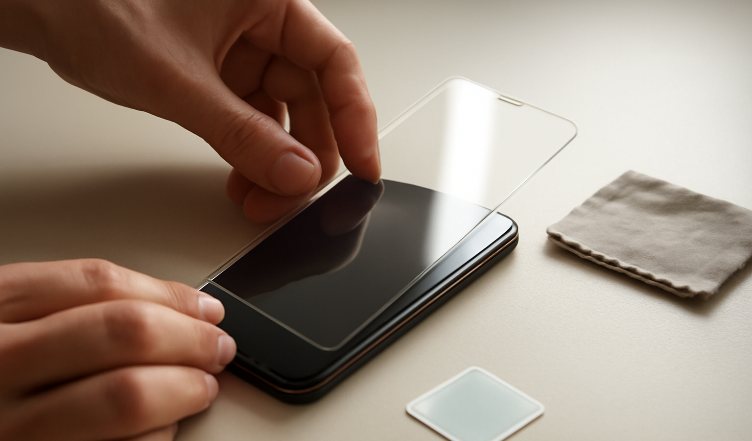 Tangan sedang memasang pelindung layar pada smartphone di atas meja