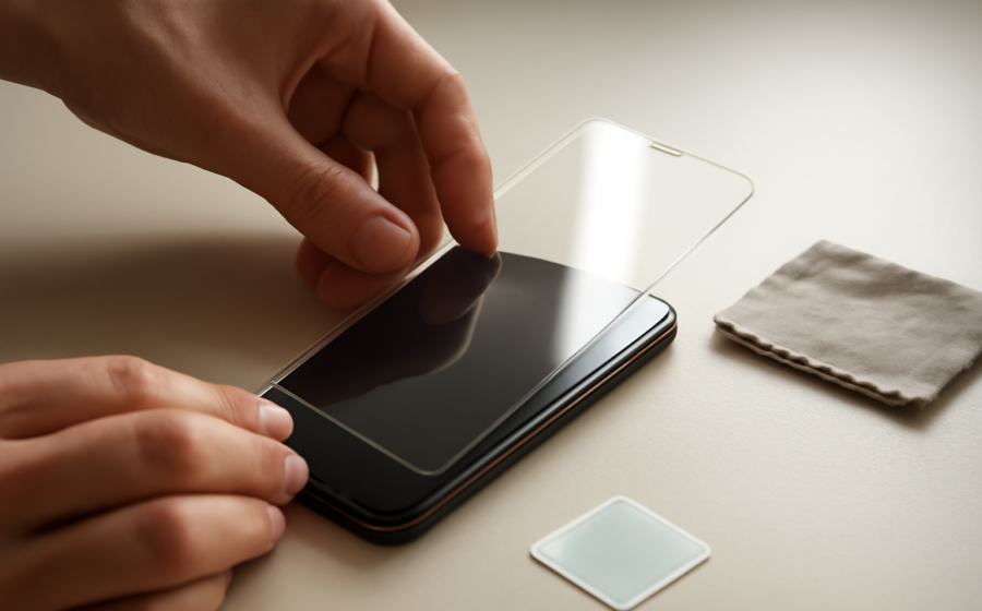 Tangan sedang memasang pelindung layar pada smartphone di atas meja